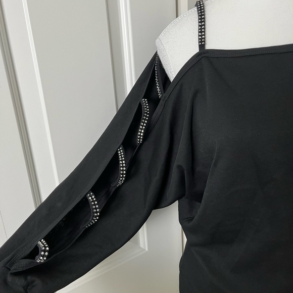 Vintage Michael Carrie Black Cutout Shoulder Blouse with Crystal Details-Medium - Picture 3 of 14